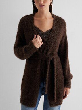 Express Faux Fur Brown Sequin Balloon Sleeve Belted Cardigan Sweater